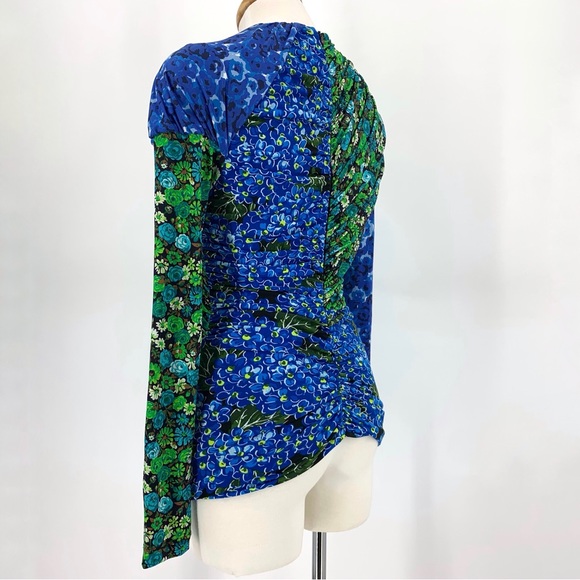 Zara NWOT Draped Blue and Green Printed Colour-blocked Long Sleeve Top, XS - Picture 5 of 16